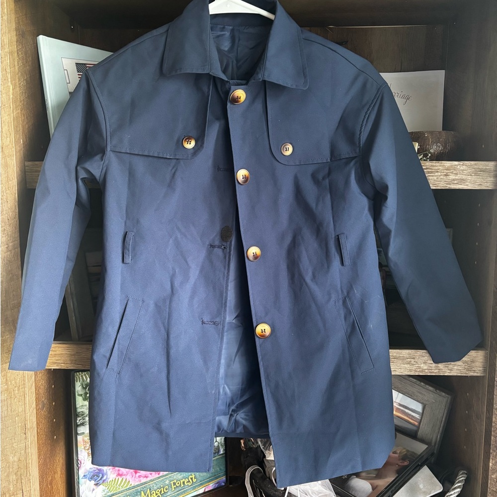 Blue Pea Coat with Pointed Collar and Relaxed Fit